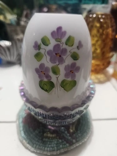 Fenton Fairy Lamp Marriage Top and Bottom Hand Painted Flowers Signed by Artist