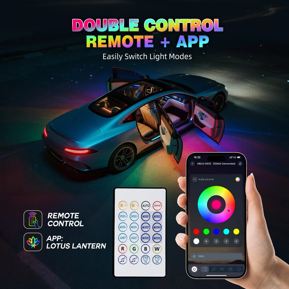 Tiras de luz LED RGB interior de automóvil acrílico persiguiendo atmósfera lámpara APP juego remoto Foto 4 de 4