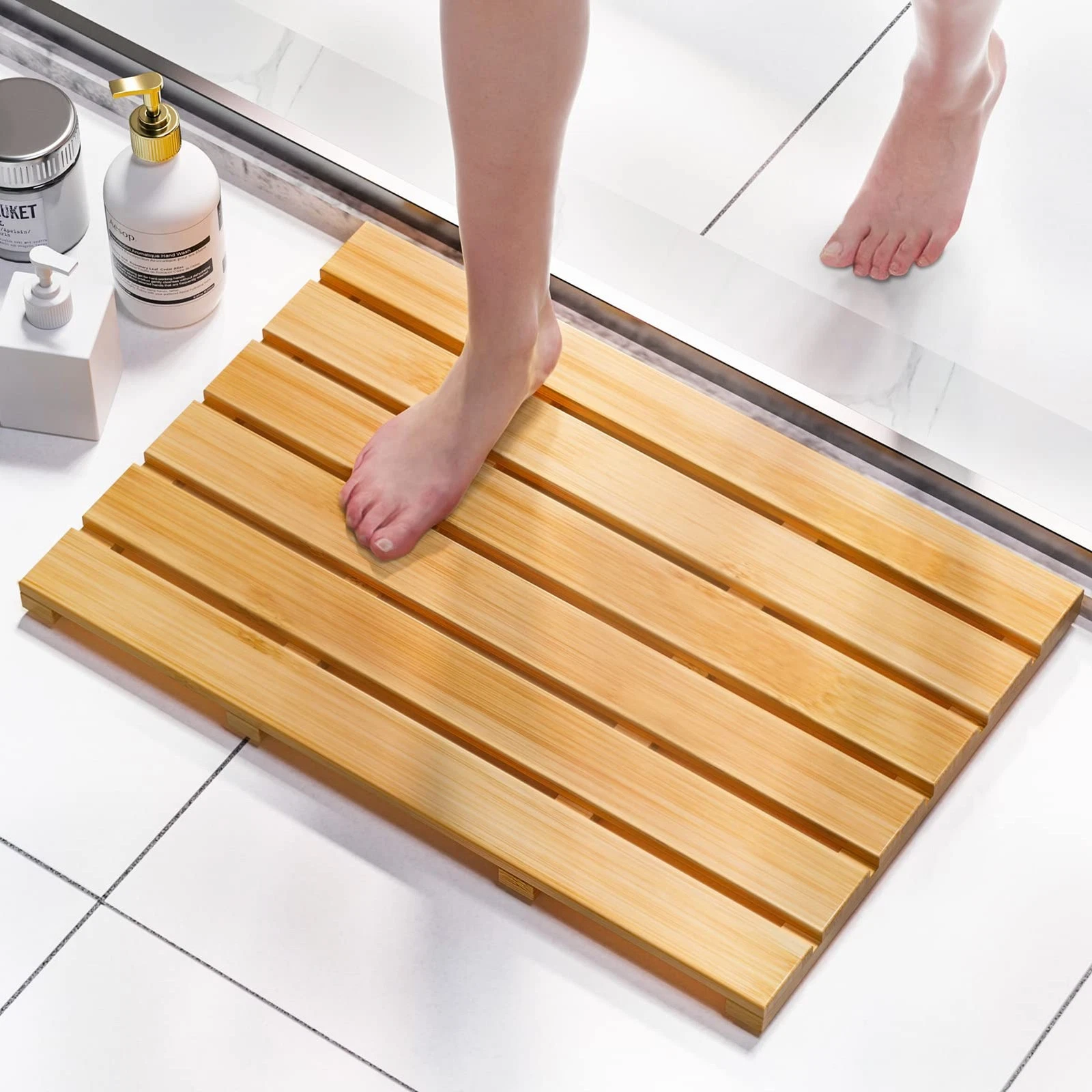 Domax Bamboo Bath Mat - Non Slip 21.3" x 14.2" (Rectangular), Natural