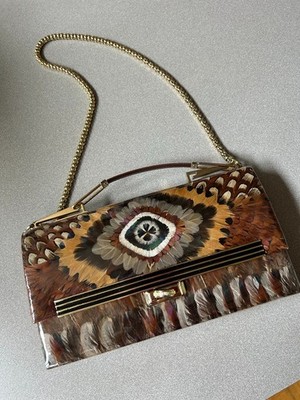Vintage Korean Lucky Pheasant Feather Hand/Shoulder Bag, brown tones, gorgeous!