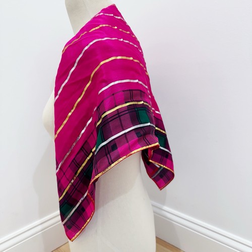 Vintage Oscar De La Renta Hot Pink Green Plaid Gold Silver Metallic Silk Scarf - Picture 6 of 19