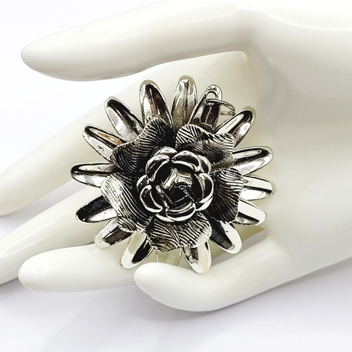 Rose Flower Large Layered Dimensional Silver Tone Vintage 1980s Pendant