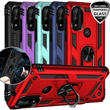For Motorola Moto G Pure/G Power 2022 Ring Case Metal Kickstand +Tempered Glass