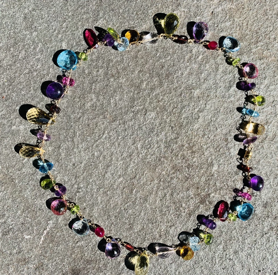 Collar de peridoto citrino amatista topacio briolette de varias piedras preciosas relleno de oro de 14k Foto 4 de 4