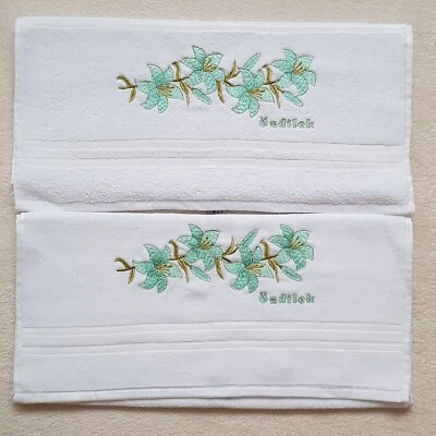 Lot serviette de toilette coton blanc à broderie fleur vert menthe. Ozdilek - Photo 1/3