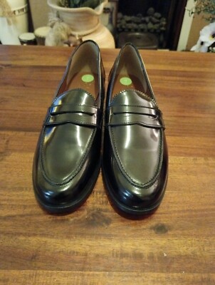 John White Moccamocca Shinny Black Leather Penny Loafers Size