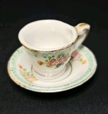 Vintage Miniature Tiny Tea Cup  Saucer Set Made In Occupied Japan Green Floral