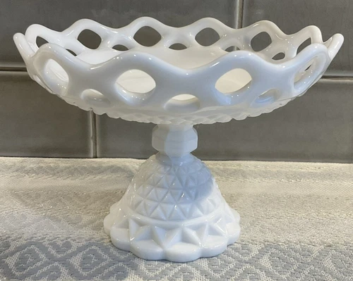 Vtg. Imperial Glass Footed Pedestal Milk Glass Compote Lace Edge Diamond Point