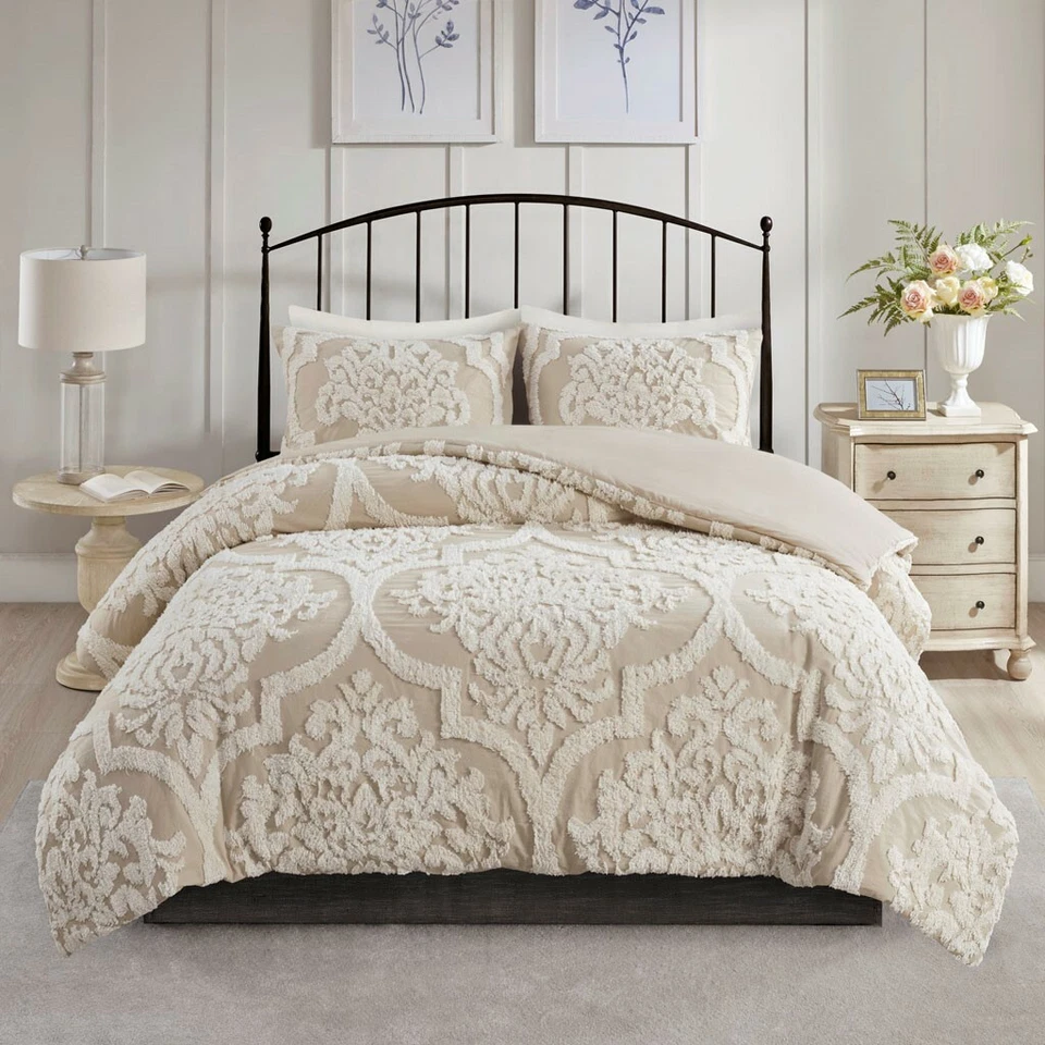 BEIGE CHENILLE 3p  Queen COMFORTER SET : IVORY CREAM COTTAGE VINTAGE PLUSH - Image 2 of 4