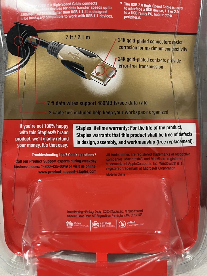 STAPLES 24K Gold Plated 7 ft USB 2.0 High Speed Computer Cable 577157 NEW - Image 4 of 4