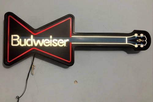 VTG 1980s Budweiser Bowtie Guitar Lighted Beer Sign Man Cave Bar Wall Decor Brew