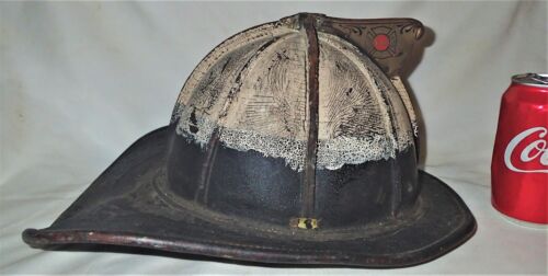 ANTIQUE NEW YORK CAPTAIN FIREMAN HAT HELMET LEATHER BRASS CAIRNS & BROTHER SIGN - Picture 1 of 15