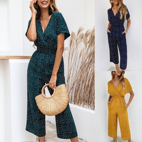 Womens V-Neck Short Sleeve Floral Jumpsuit Ladies Casual Wide Leg Pants  Playsuit | eBay