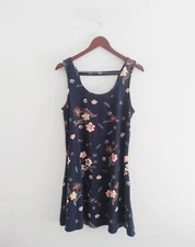 Floral Fit & Flare Short Mini Dress Tank Sleeveless Navy Blue Back Strap Stretch