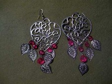 Big Silver Heart Dangling with Clear Pink Ball and Leaf Shaped Pierced Earrings