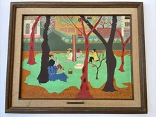 JAMES THOMAS PAINTING FOLK NAIVE EXHIBITED IN MEXICO 1950'S LANDSCAPE PEOPLE