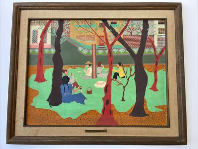 JAMES THOMAS PAINTING FOLK NAIVE EXHIBITED IN MEXICO 1950'S LANDSCAPE PEOPLE