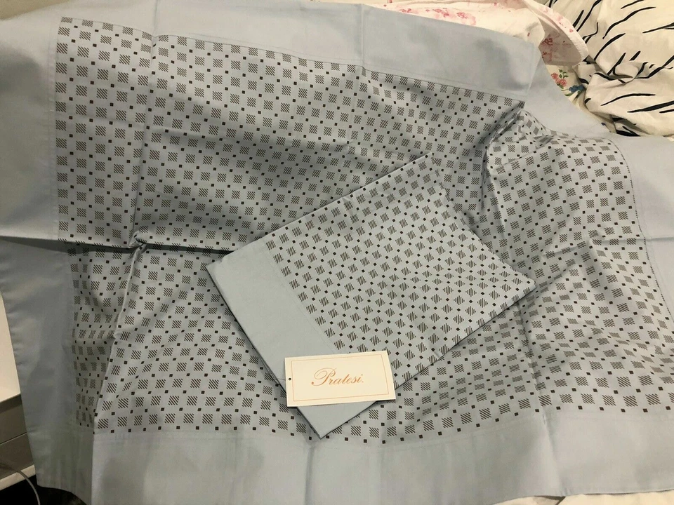 PRATESI ART DECO GEOMETRIC KING 3pc SET FLAT SHEET 2 SHAMS BLUE ANGEL SKIN ITALY