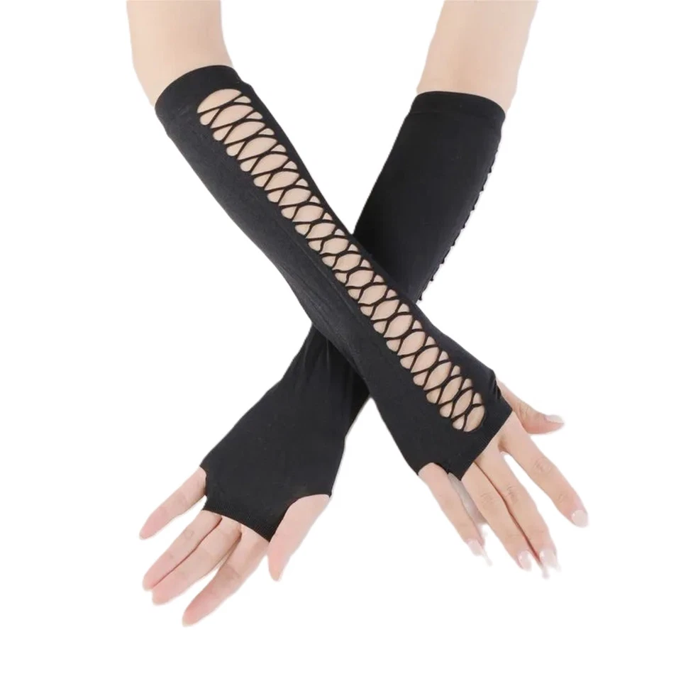 Gothic Black HOLLOW SLASHED SLEEVE LONG FINGERLESS GLOVES Punk Steampunk Cosplay - Image 2 of 4