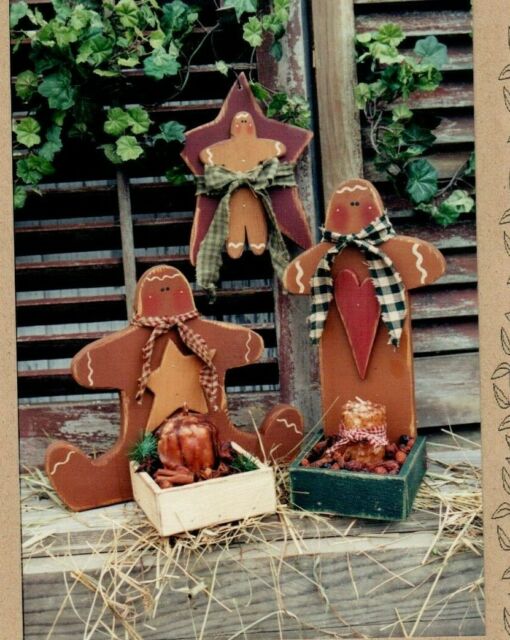 Gingerbread Guys Pine Wood Painting Pattern Primitive Folk Art Winter Hanging Gingerbread Guys Pine Wood Painting Pattern Primitive Folk Art Winter Hanging