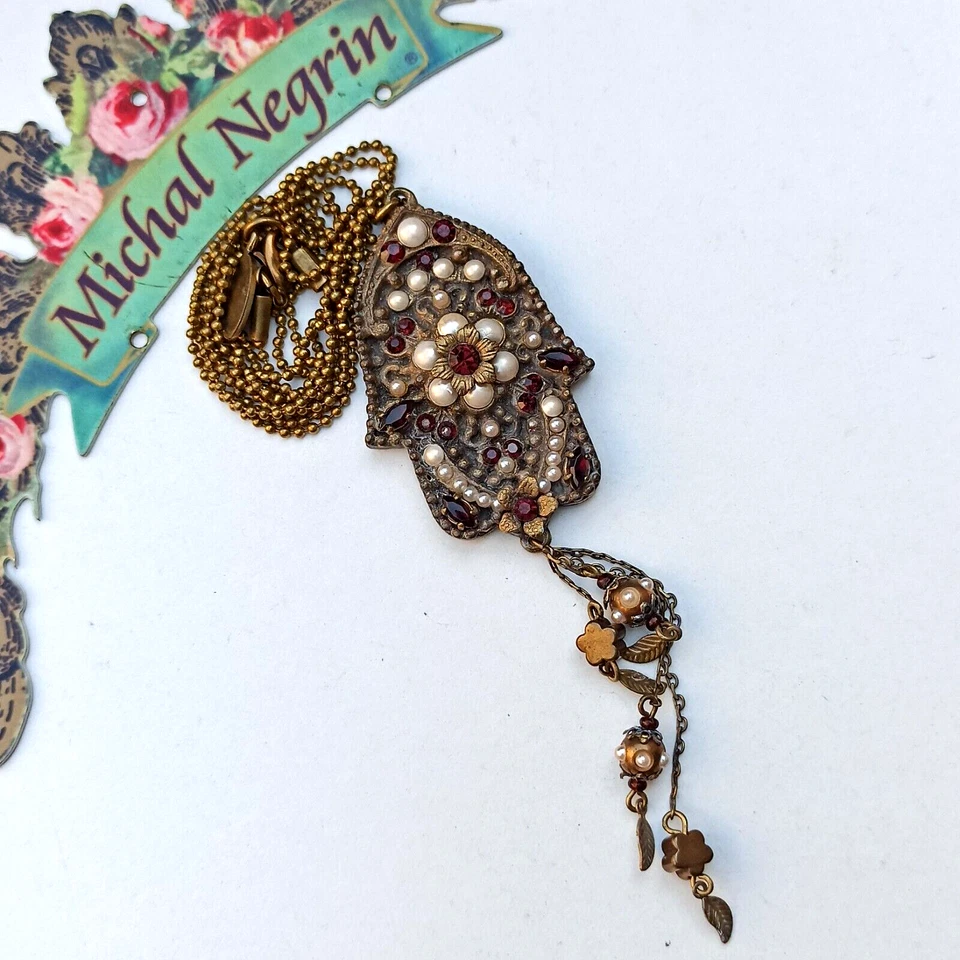 Collar Michal Negrin Hamsa Mano de Fátima Perlas Cristales Lariat Largo Rojo Regalo Foto 4 de 4