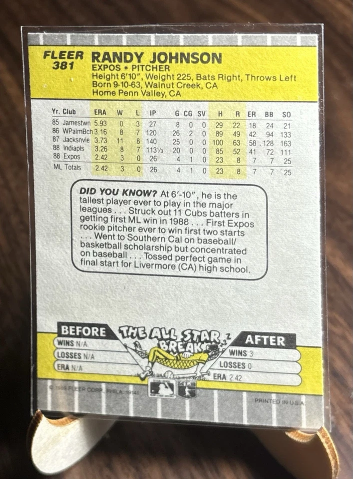 1989 Fleer Randy Johnson ERROR CARD, Pink Fish Egg Errors ROOKIE CARD #381 MINT - Image 3 of 4
