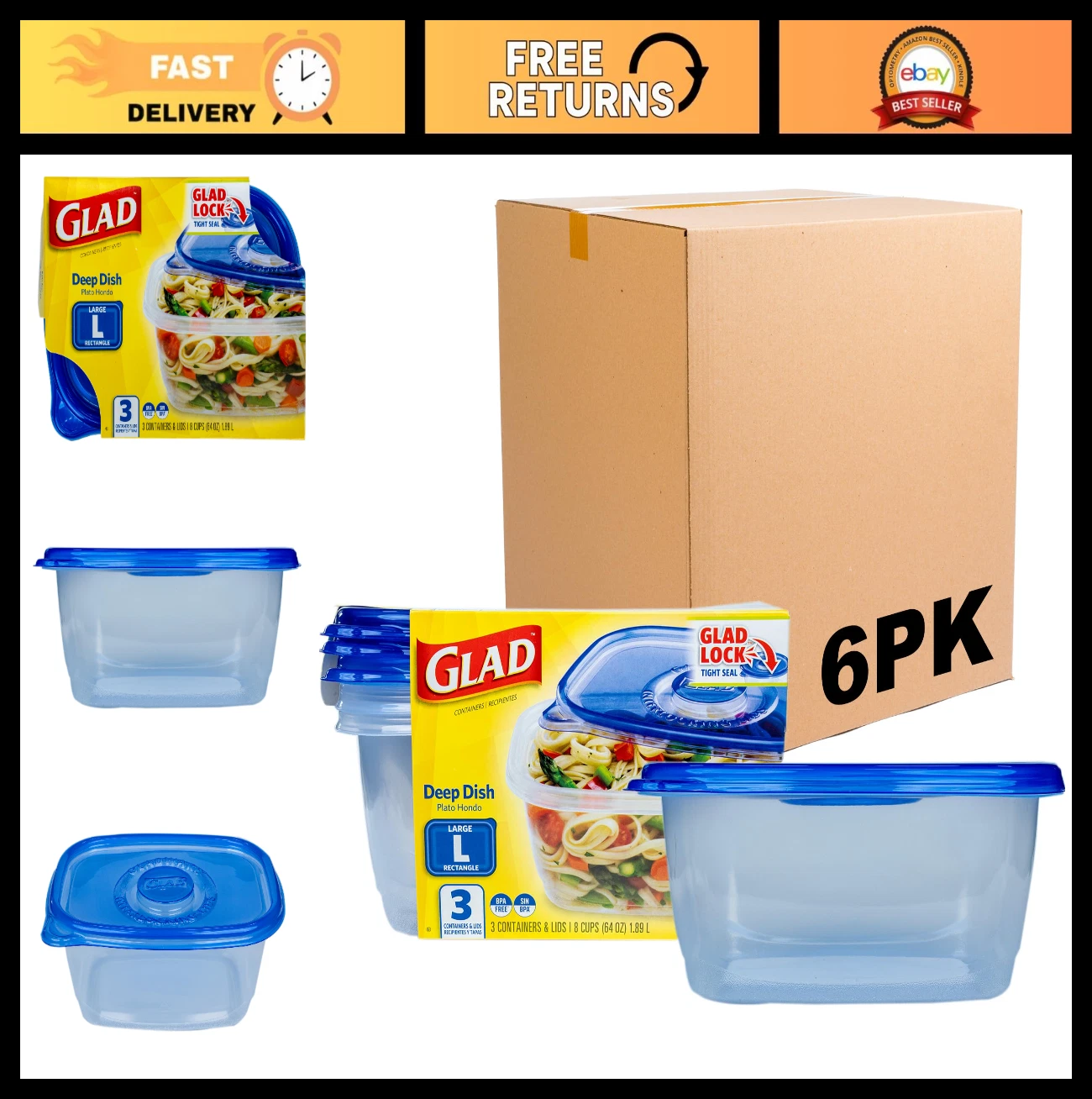 Deep Dish Food Storage Containers with Lids, BPA Free, 64 Oz, Lock Tight Seal, 6