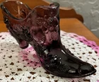 Vintage Fenton Art Glass Amethyst Purple Glass Shoe Boot Cabbage Rose Pattern