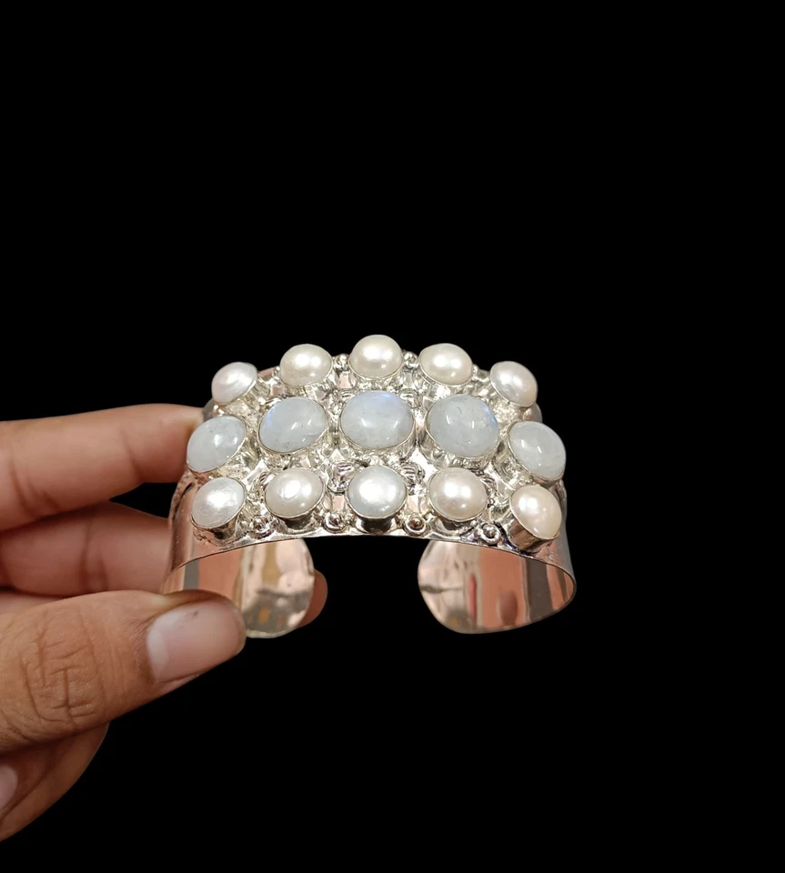 Natural Rainbow moonstone and pearl Bangle 925 Sterling Silver gift bangle - Image 4 of 4