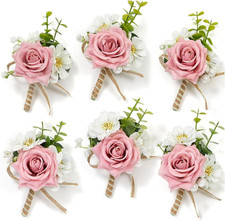 6PCS Pink Rose Boutonniere for Men Wedding Prom Party