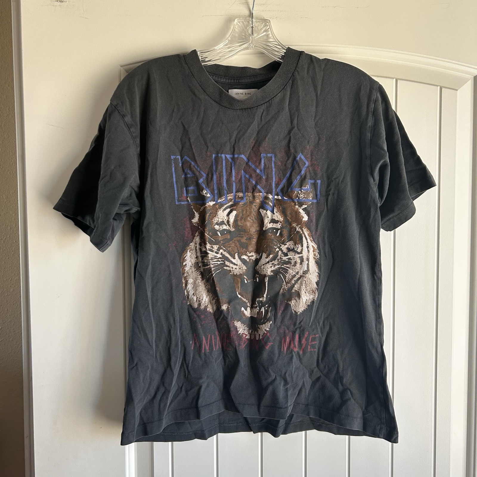 ANINE BING Shirt Womens Small Gray Tiger Graphic Muse Tee Relaxed Fit Crew Neck