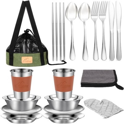 Camping Mess Kit Cooking Utensils Plates Dinnerware Set Fits 12 Persons