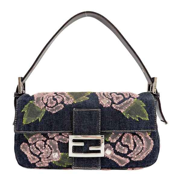 FENDI Baguette Floral Mesh Embroidery Blue Denim Shoulder Bag
