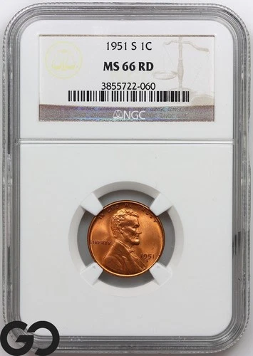 1951-S Lincoln Cent Wheat RED Penny NGC MS 66 RD