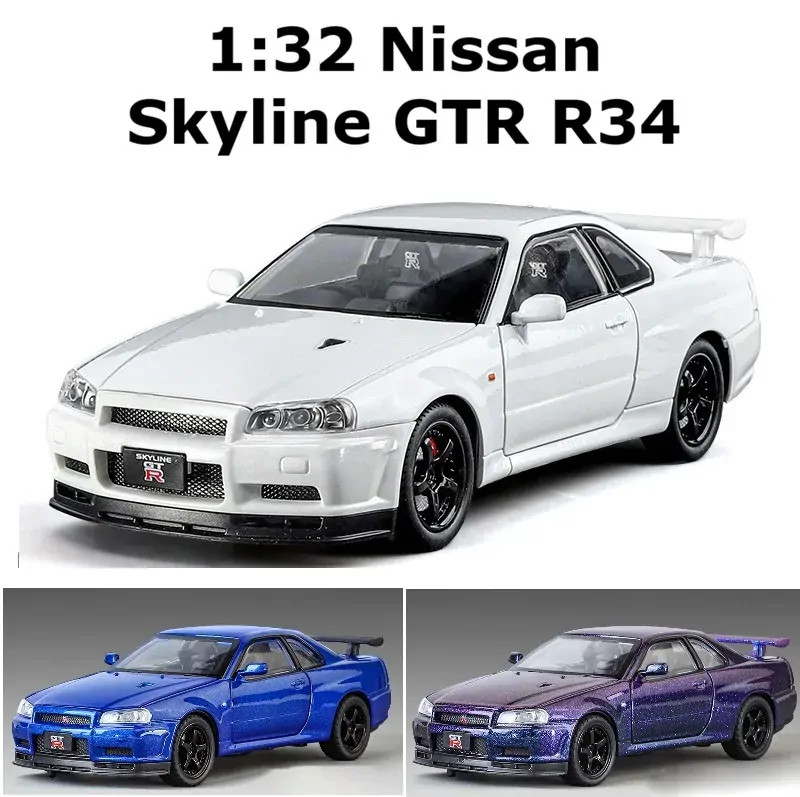 1:32 Nissan Skyline GT-R R34 Car Model Sound Light Alloy Classic Car Collection