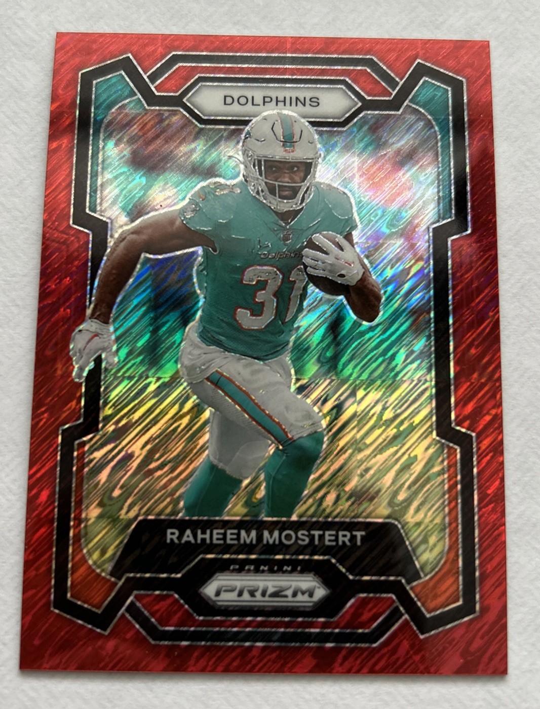 2023 Panini Prizm - Raheem Mostert #189 Red Shimmer Prizm /35