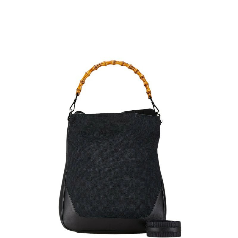 GUCCI Black Bamboo Canvas Leather Shoulder Bag 2-Way for Women 001-4053