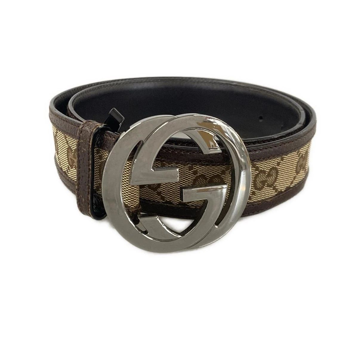 Auth GUCCI Ceinture en cuir jacquard argenté beige marron foncé emboîtable G 114876