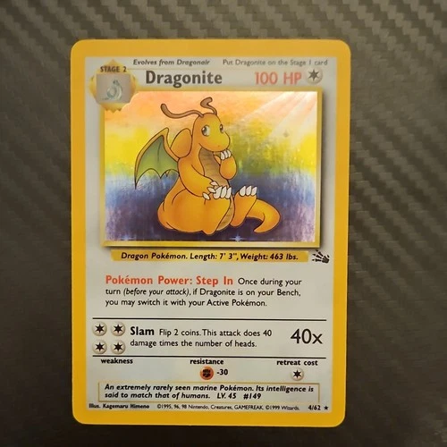 Pokémon Dragonite Holo Rare Fossil 4/62 100 HP 1999 Wizards Card