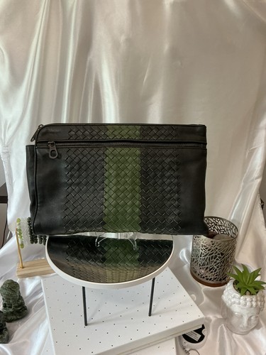 Bottega Veneta Intrecciato Laptop Document Case Pouch Black Green Stripe w COA