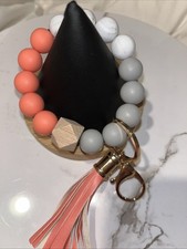 Silicone Beaded Wristlet Keychain Bracelet Tassel Key Ring Holder