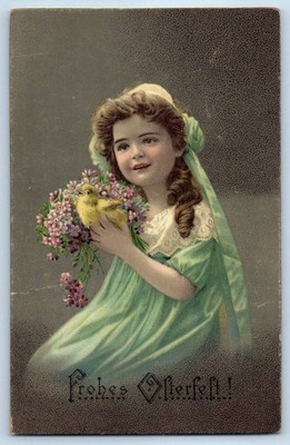 c1910's Easter Pretty Young Girl With Chick And Flowers Sandusky Ohio Postcard