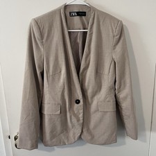 Zara Beige Collarless Single Button Blazer Jacket Structured Office Size 8 EUC