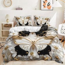 Black and White Butterfly Duvet Cover Set Full Size,Gold Flower Butterfly Bed...