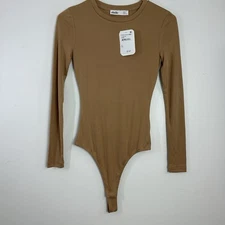 Elodie Beige Long Sleeve Thong Bodysuit Size XS Crew Neck Micro Rib NWT