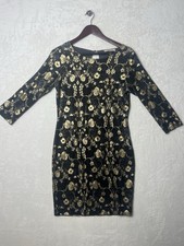 Oasis Velvet Black Gold Floral Dress Size M Party Evening Occasion 3/4 Sleeve