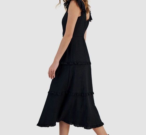 Anne Klein Women's Black Linen Ruffled Tiered Scoop Neck A Line Dress Size 0 - 第 3/4 張圖片