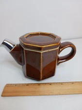 Vintage HALL Ceramic Brown Octagon Teapot #2979 1 Cup Flat Lock Lid Silver Spout