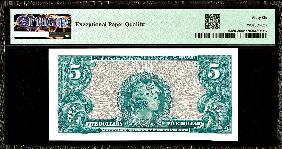 MPC Series 641 $5.00 Certificado de Pagamento Militar de Cinco Dólares PMG Gem 66 EPQ - Imagem 2 de 2