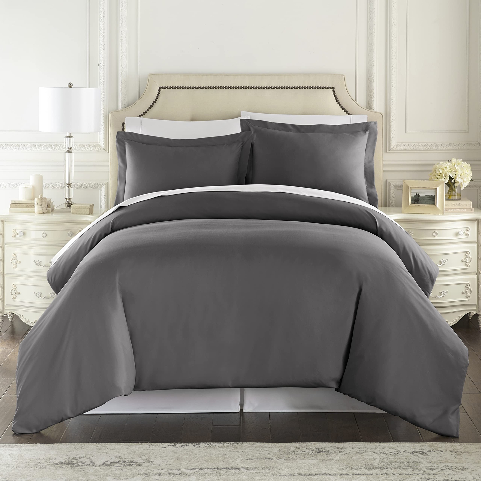 Duvet Cover - Grey Queen Size Duvet Cover - 3 Piece Soft Breathable Microfibe...-image